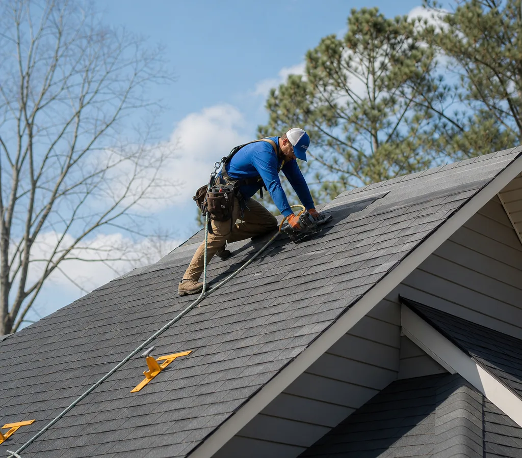 Roofer safely installing asphalt shingles on a Clemmons home