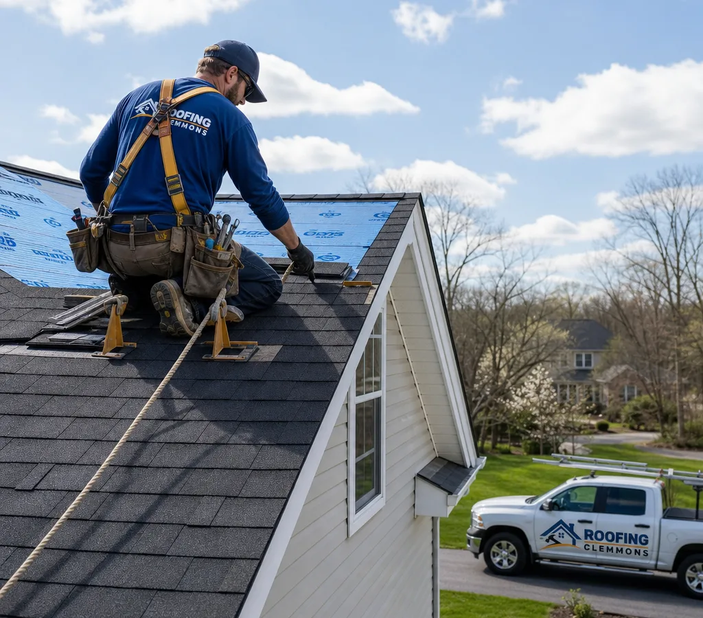Roofer safely installing asphalt shingles on a Clemmons home