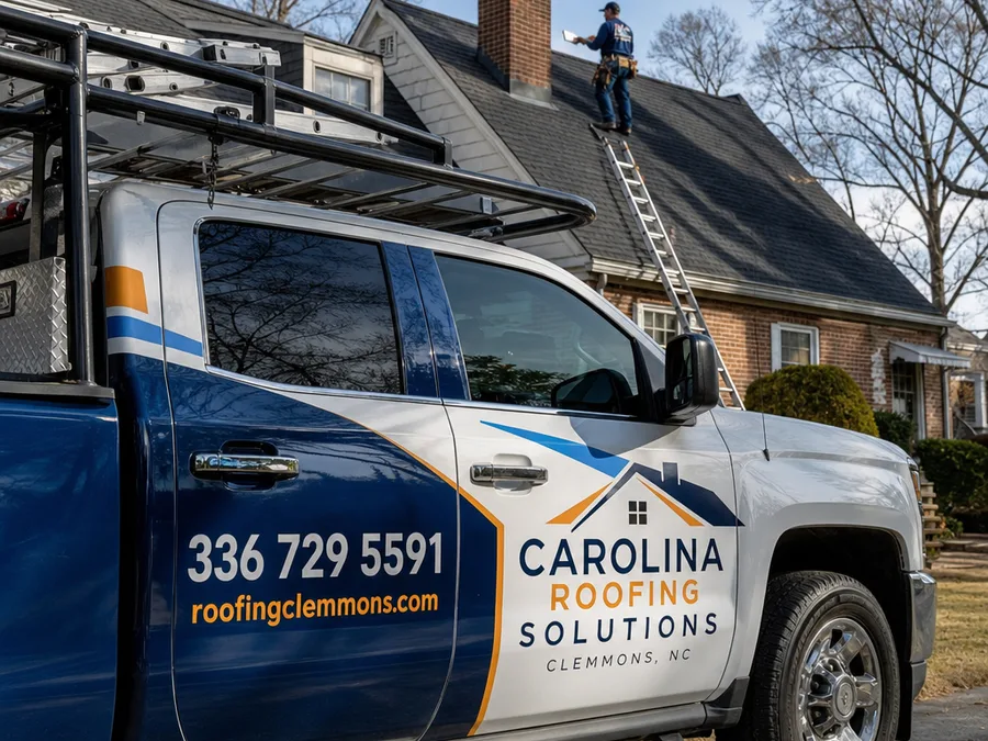 Roofing technician checking chimney flashing and documenting conditions
