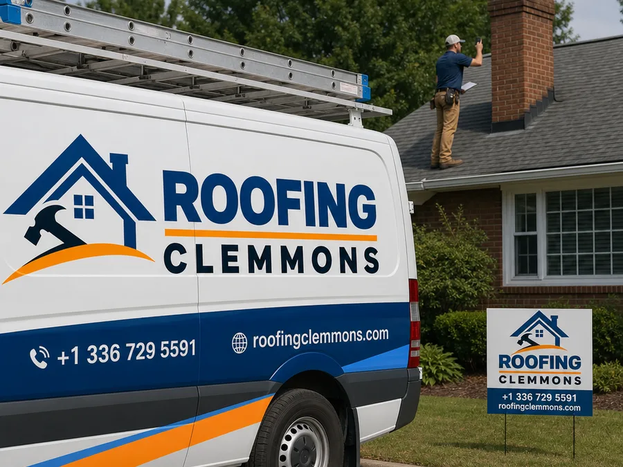 Roofing technician checking chimney flashing and documenting conditions